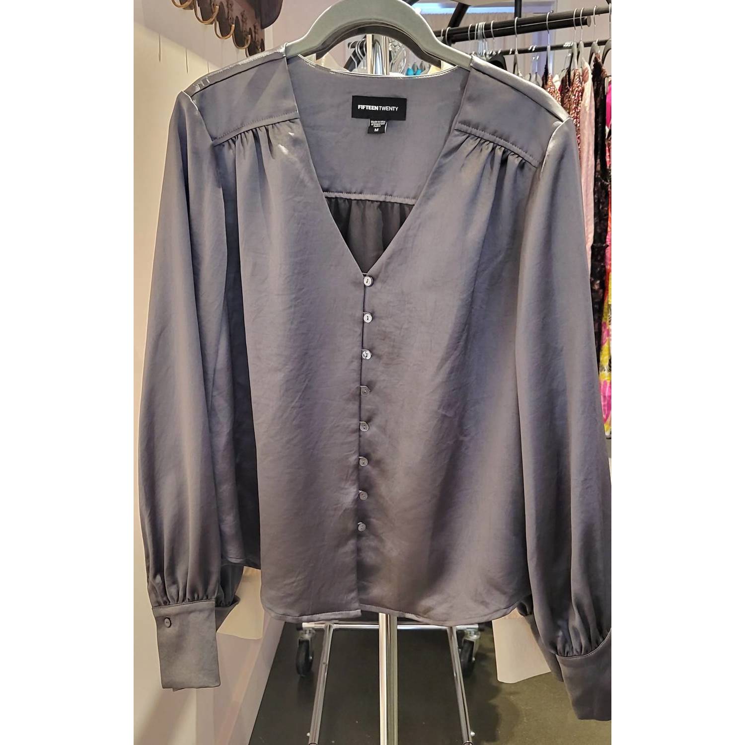 New Fifteen Twenty Shirred Button Front Top In Grey